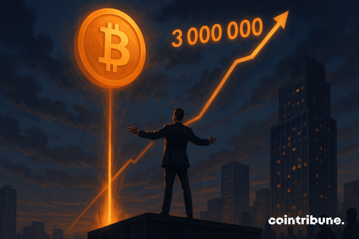 Un homme en costume contemple un Bitcoin géant illuminé, symbolisant une ascension fulgurante vers les 3 000 000 dollars.