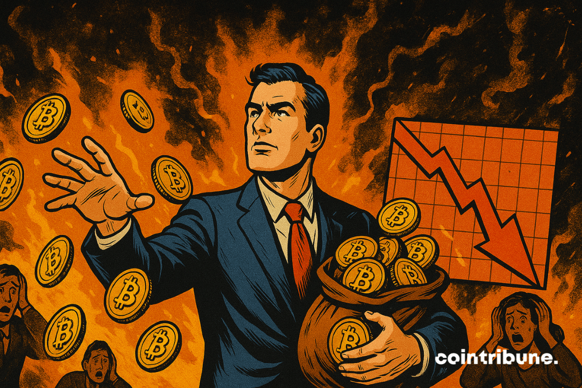 A determined man accumulates Bitcoin during a market crash, surrounded by flames, fear, and chart volatility.