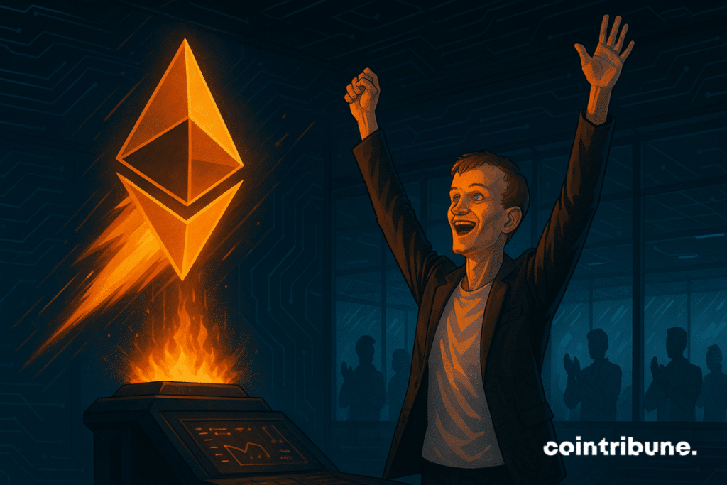Vitalik Buterin celebrates, arms raised, in front of a flamboyant hologram of Ethereum in a futuristic laboratory, cheered on by silhouettes.