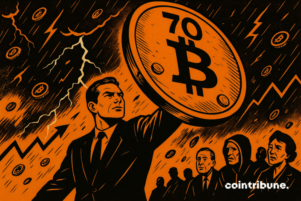 Un homme protège les investisseurs avec un bouclier Bitcoin géant