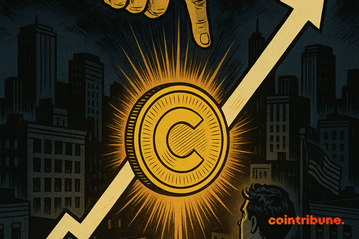 Main céleste pointant une pièce crypto lumineuse, ville sombre en arrière-plan, homme observant depuis un toit.