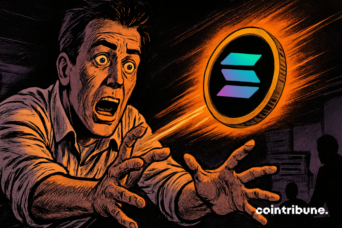 Panicked man reaches out towards a fleeing luminous Solana token, dark and dramatic atmosphere, energetic 70s comic book style.