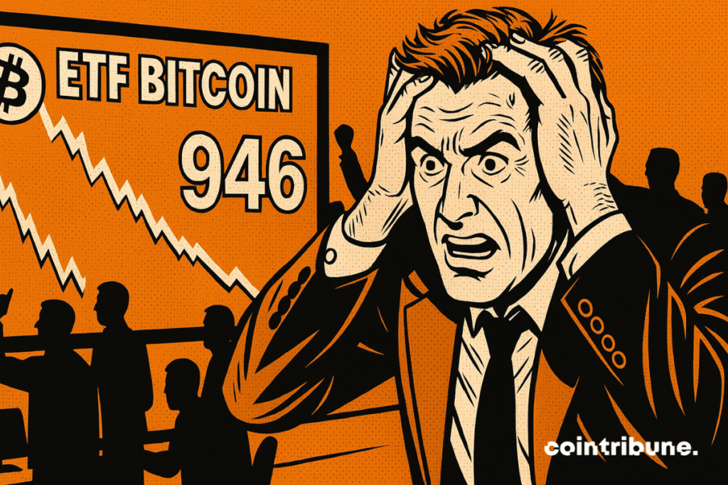 Un trader paniqué, mains sur la tête, réagit à l’effondrement brutal des ETF Bitcoin sur fond orange dramatique.