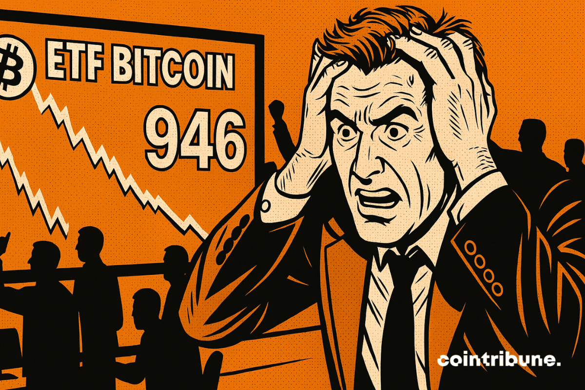 Un trader paniqué, mains sur la tête, réagit à l’effondrement brutal des ETF Bitcoin sur fond orange dramatique.
