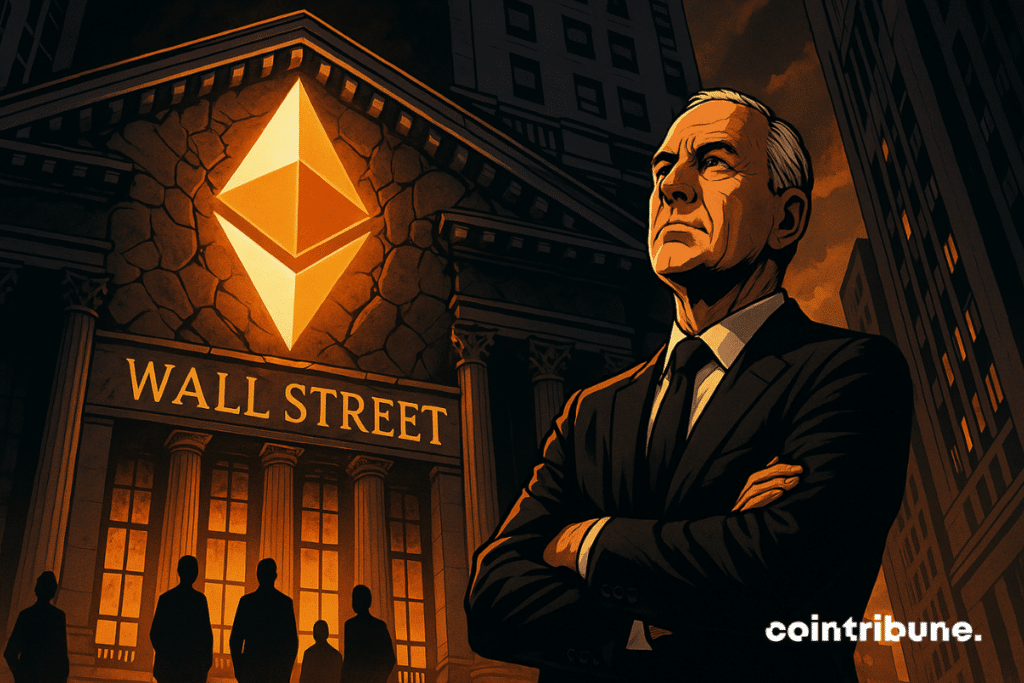 Un ex-PDG déterminé contemple un logo Ethereum lumineux dominant Wall Street, symbolisant la montée crypto dans la finance traditionnelle.