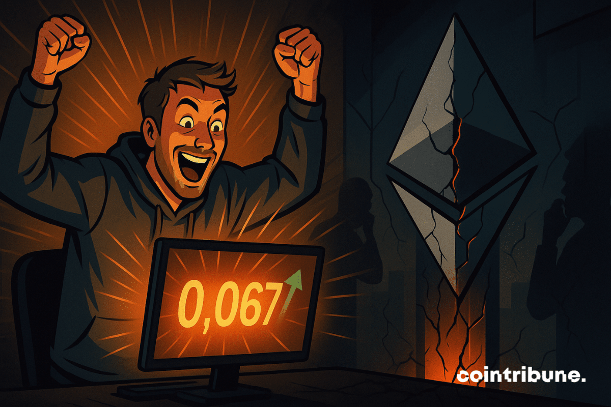 An elated trader celebrates record fees on Ethereum, while a cracked tower evokes growing concern in the background.
