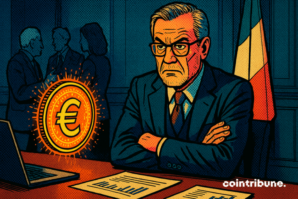 Banquier italien méfiant observe un euro numérique flottant, ambiance tendue, style comics années 70, couleurs contrastées orange et bleu.