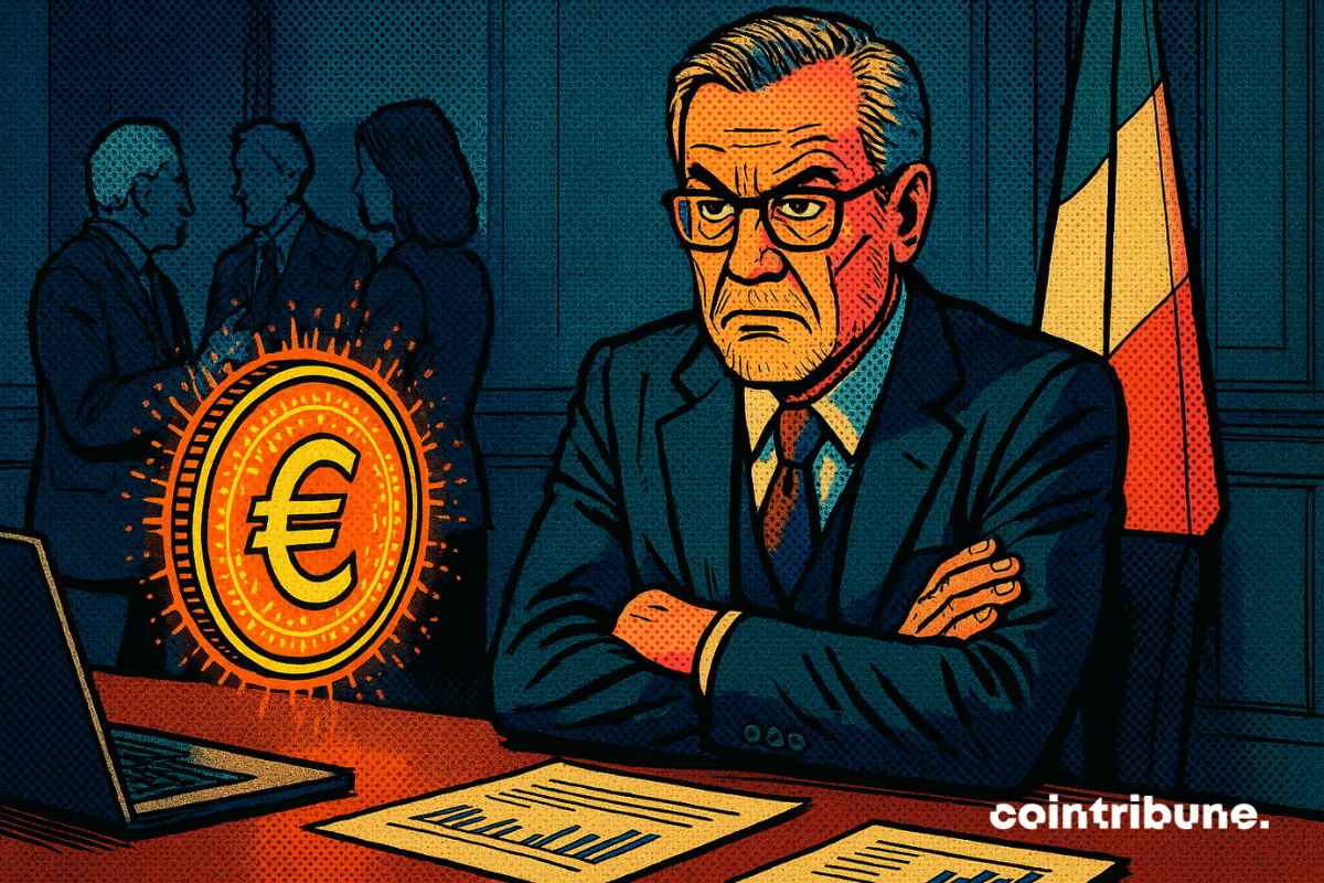 Banquier italien méfiant observe un euro numérique flottant, ambiance tendue, style comics années 70, couleurs contrastées orange et bleu.