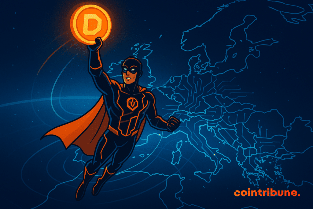 A superhero holding a glowing coin with a "D" rises above a digital map of Europe, symbolizing the rise of asset tokenization on a continental scale.