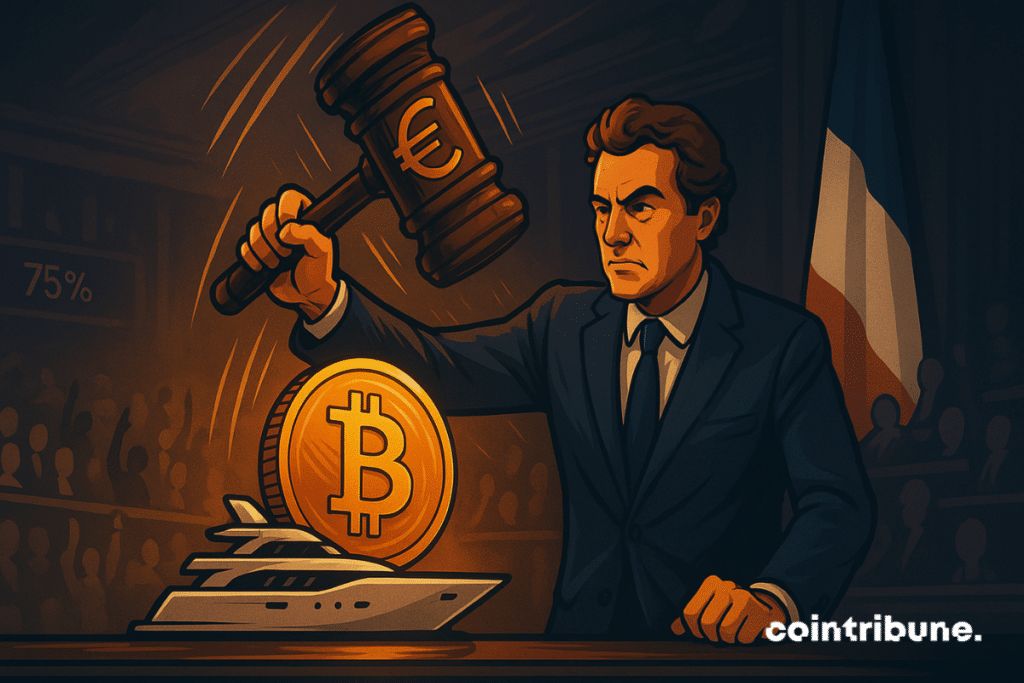 Un député abat un marteau fiscal sur un Bitcoin posé sur un yacht, symbolisant la taxation crypto en France.