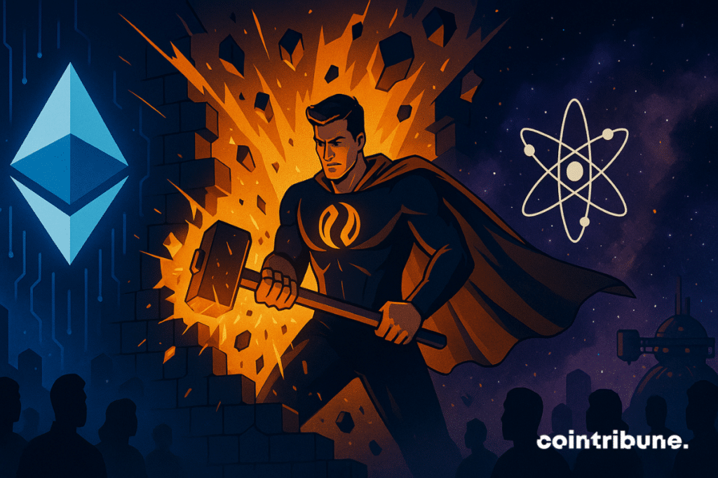 Un super-héros de Injective fracasse un mur digital, unifiant Ethereum et Cosmos, dans une explosion d’énergie orange, futuriste et cosmique.