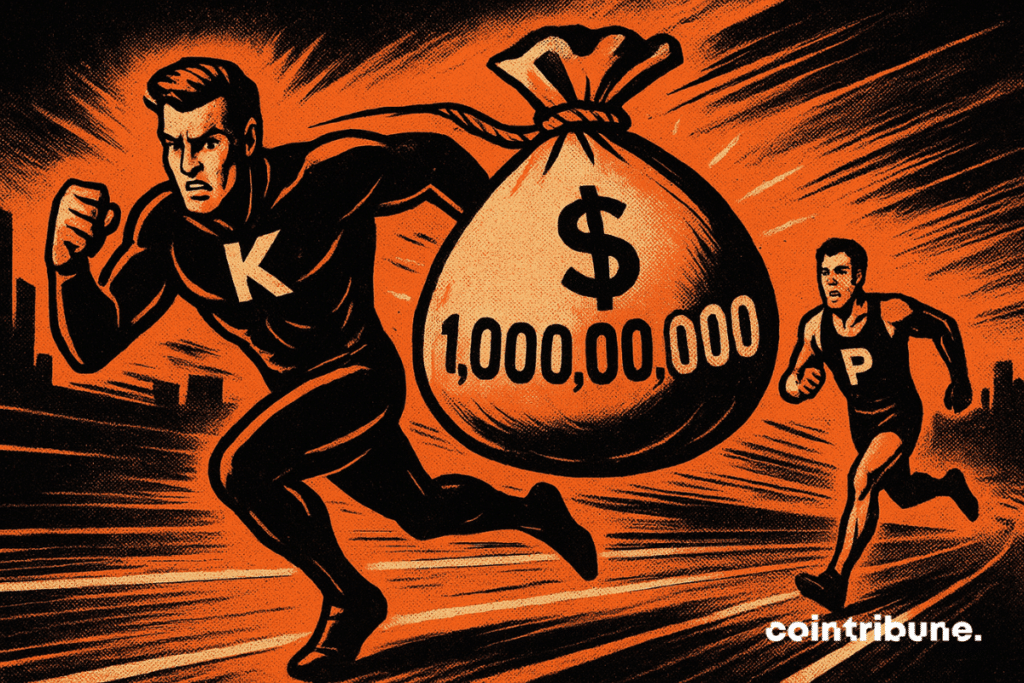 Course effrénée façon comics 70, Kalshi propulsé par un sac géant d’un milliard, distançant Polymarket dans une ville sombre nocturne.