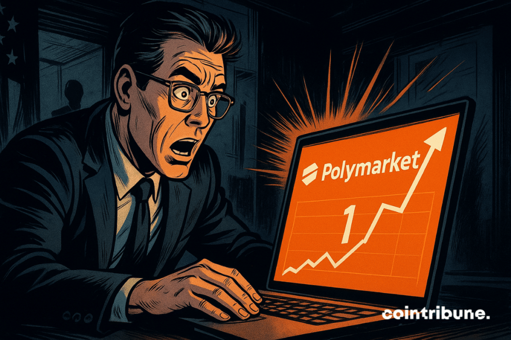 A shocked analyst watches a bright orange screen revealing Polymarket's return, in a dark, comic-book-style office.
