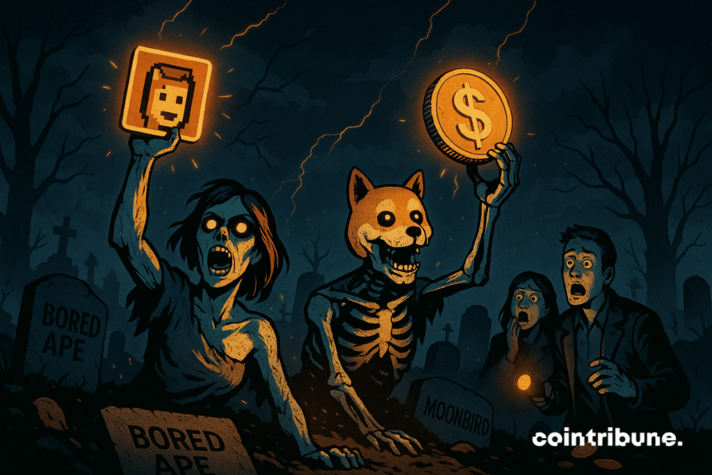 Des zombies crypto surgissent, brandissant des NFT et des memecoins dans un cimetière