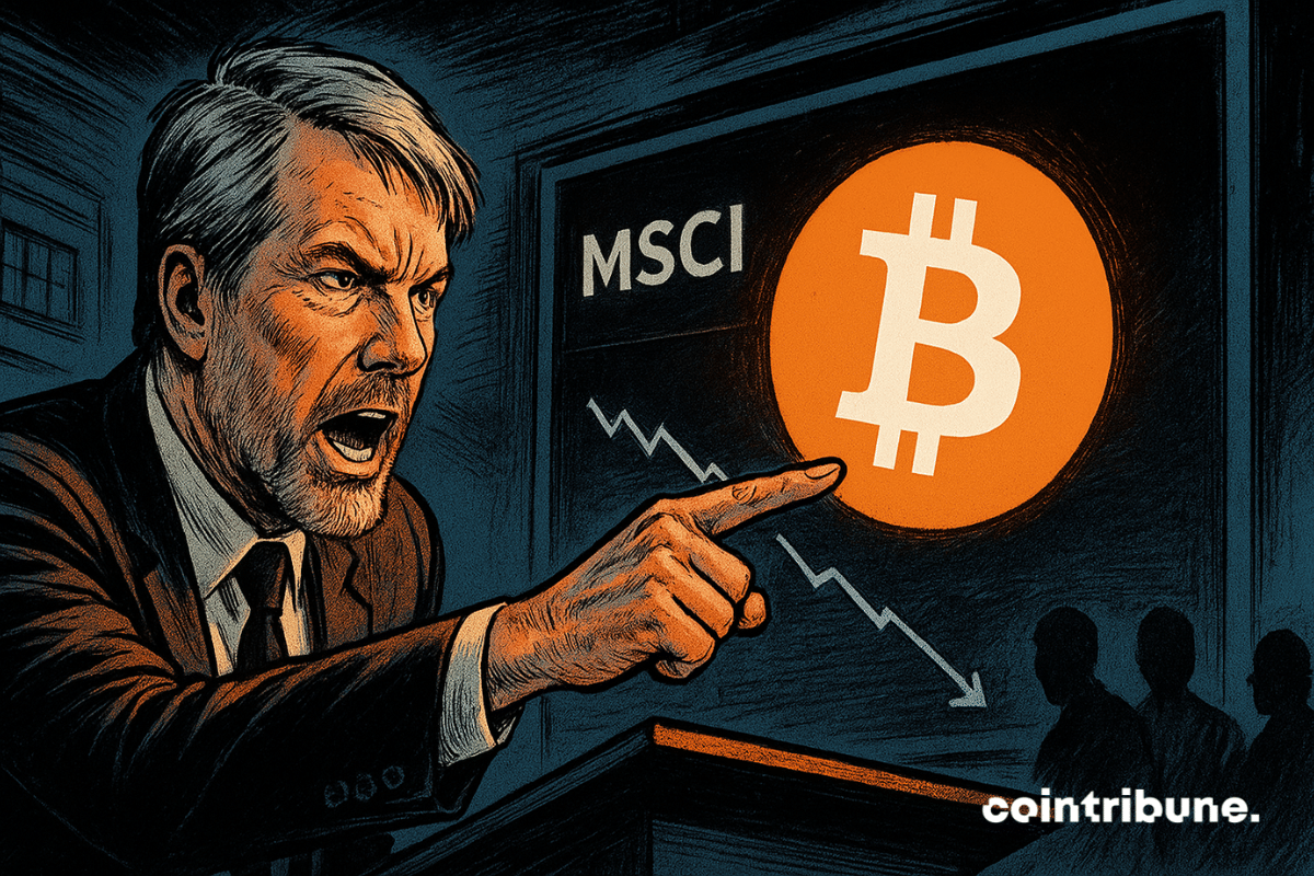 Un leader déterminé pointe un Bitcoin lumineux sur un écran MSCI, exprimant colère et tension dans une scène style comics.