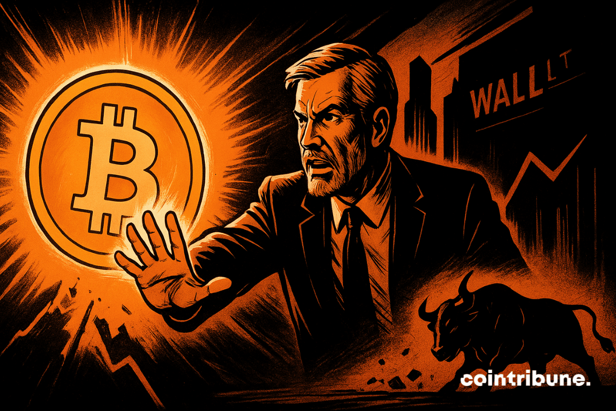 Homme déterminé repoussant un krach, protégé par un Bitcoin lumineux face aux forces sombres de Wall Street dans un style comics 70s.