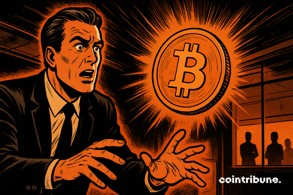 Homme d’affaires stupéfait, main figée vers un Bitcoin lumineux suspendu, ambiance dramatique orange et noire, silhouettes observant en arrière-plan.