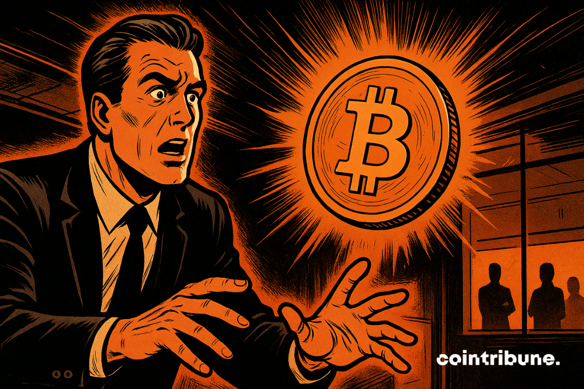 Homme d’affaires stupéfait, main figée vers un Bitcoin lumineux suspendu, ambiance dramatique orange et noire, silhouettes observant en arrière-plan.