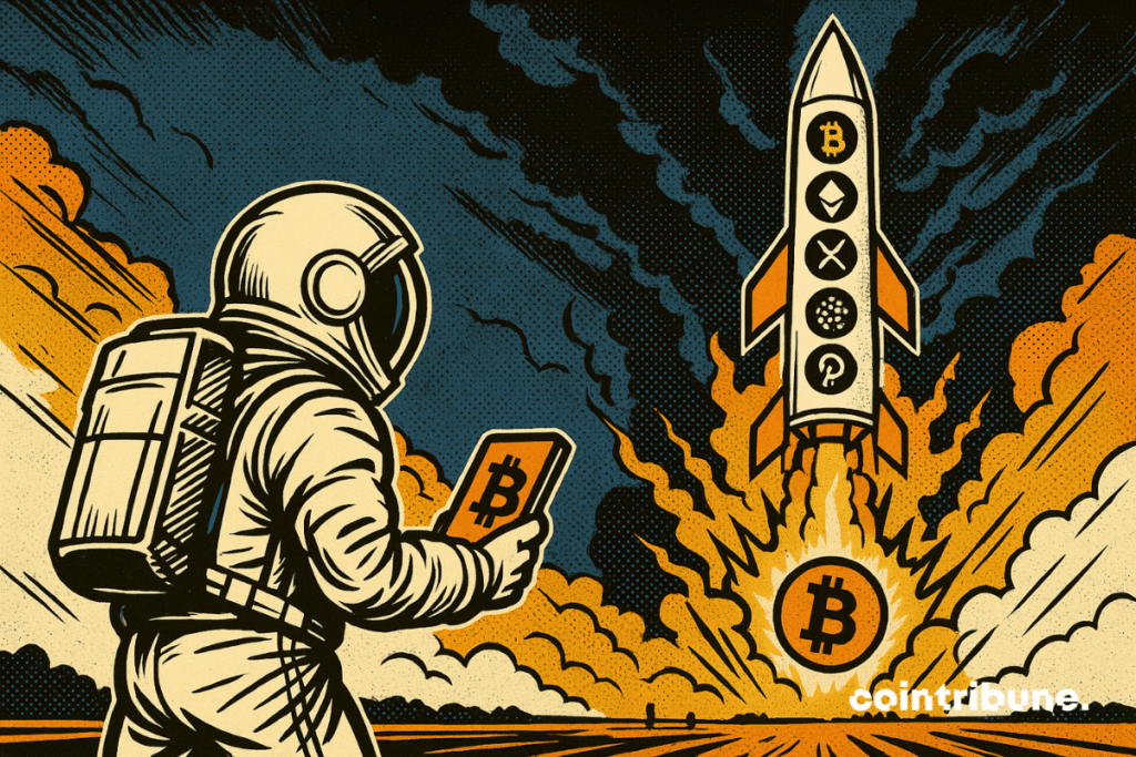 Illustration vintage de style bande dessinée représentant un astronaute tenant une tablette Bitcoin tout en observant le décollage d'une fusée. La fusée arbore les logos des principales cryptomonnaies, dont Bitcoin, Ethereum, XRP, Cardano et Polkadot.