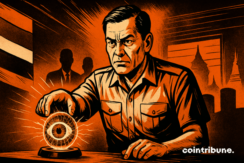 Determined Thai official deactivates Worldcoin's glowing iris hologram, dramatic orange and black atmosphere, silhouettes in the background heightening the tension.