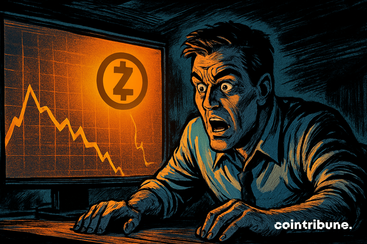 Un trader crypto paniqué observe une chute brutale du Zcash sur son écran, éclairé par une lueur orange dramatique et intense.
