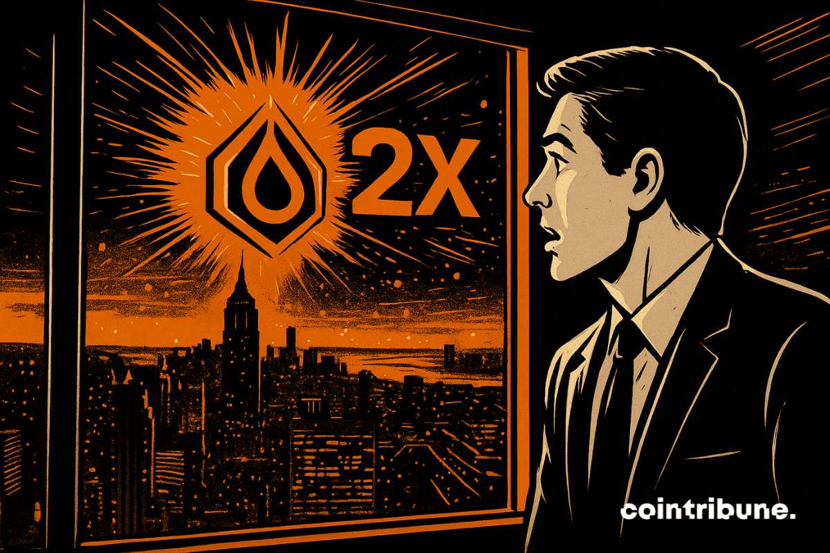A man in a suit looks out over a brightly lit nighttime city as a glowing symbol and the number 2x appear in the sky like a graphic explosion.