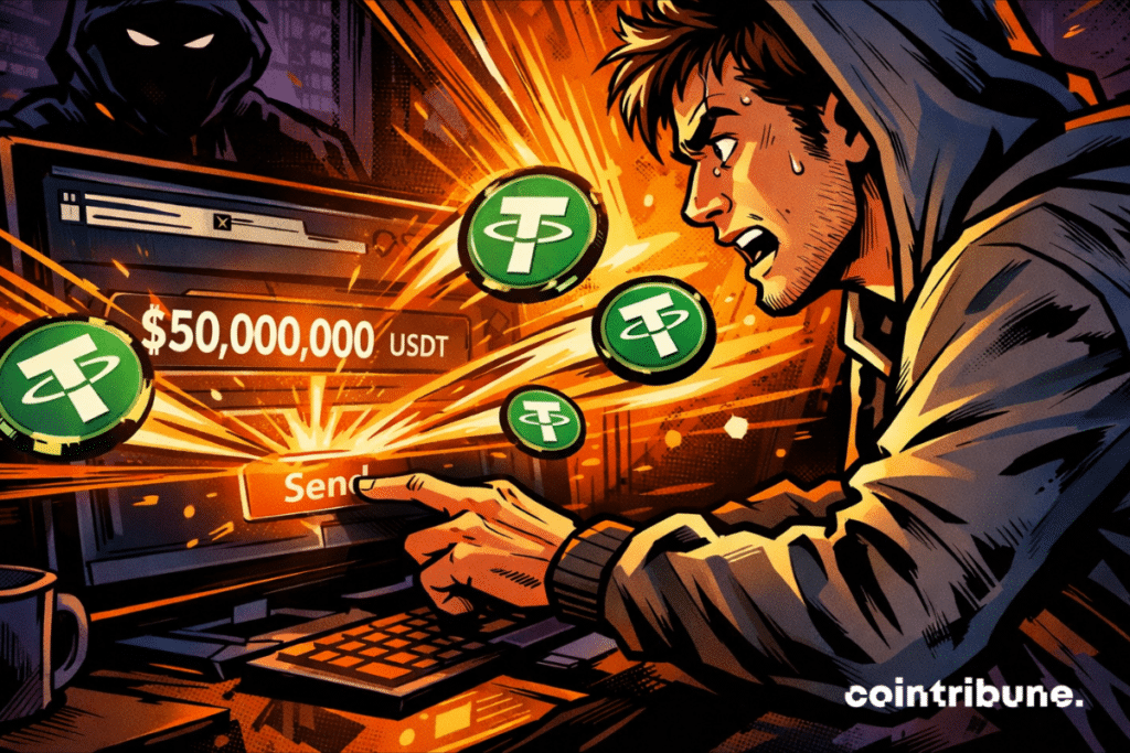 Un hombre envía accidentalmente 50 millones de dólares en USDT mientras un hacker acecha en el fondo.