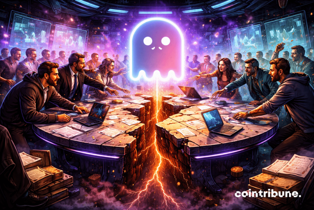 Des membres de la communauté d’Aave discutent avec véhémence autour d’une table ronde façon conseil DAO. Certains sont debout, d’autres quittent la pièce.