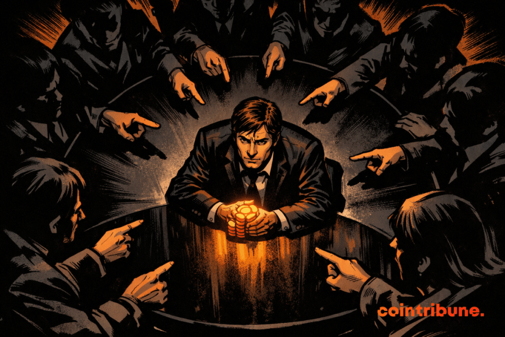 A tense comic-style scene shows a suited crypto founder gripping glowing orange tokens at a round table while shadowy figures around him point accusing fingers inward.