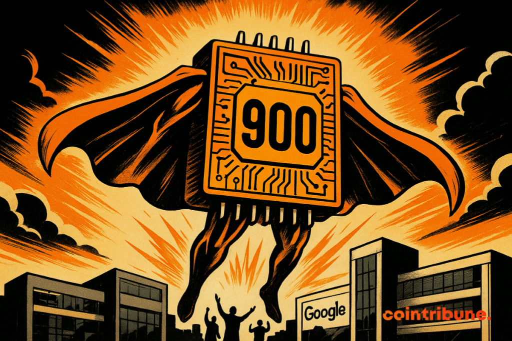 A giant chip marked “900” floats like a superhero above the Google campus, glowing with an orange halo as silhouettes raise their arms in admiration.