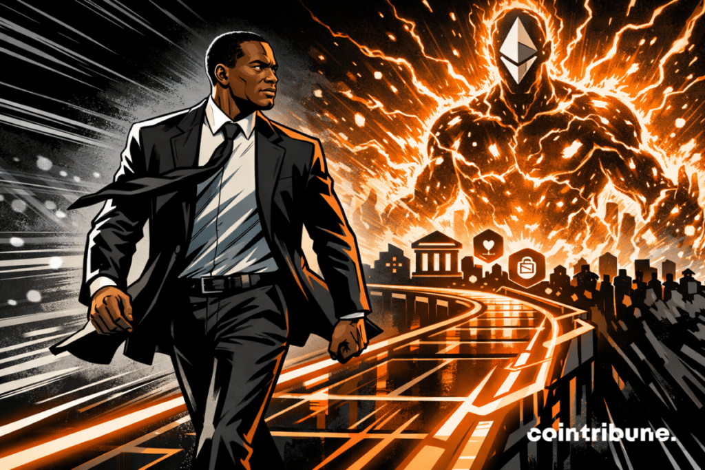 Arthur Hayes in a dark suit walks decisively across an orange-lit bridge toward a DeFi cityscape, with a glowing, turbulent Ethereum figure rising behind him.