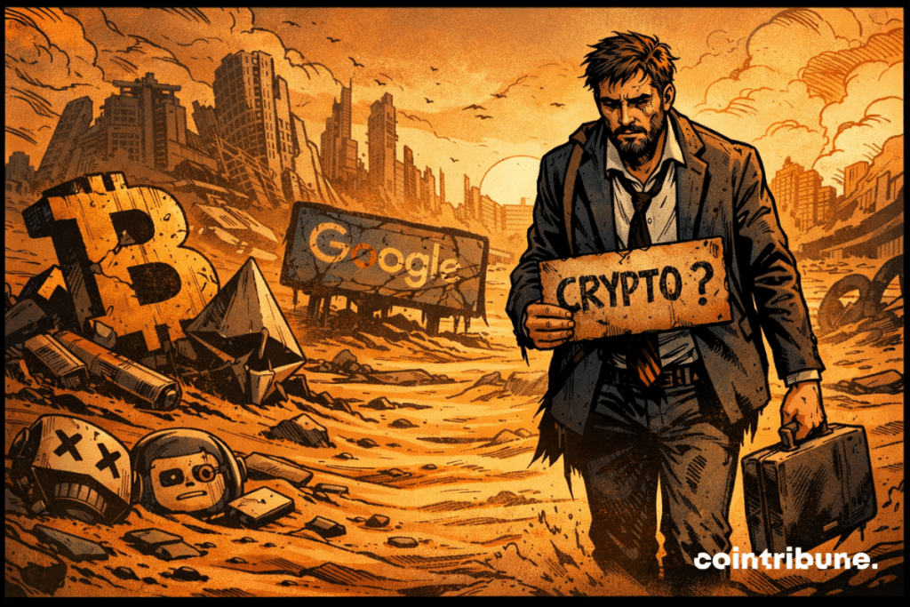 Homme épuisé erre dans un désert post-apocalyptique crypto, ruines de Bitcoin et Google, atmosphère orange, silence numérique total.