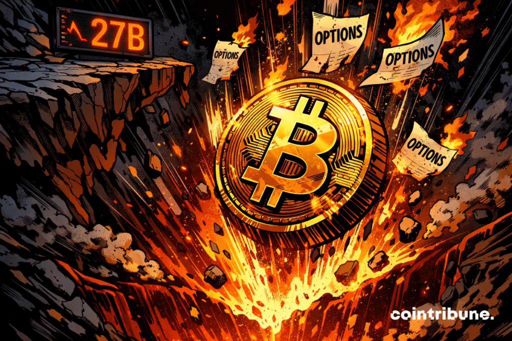 Un Bitcoin géant chute dans un gouffre enflammé, entouré de papiers "options" brûlants, symbolisant le chaos financier.