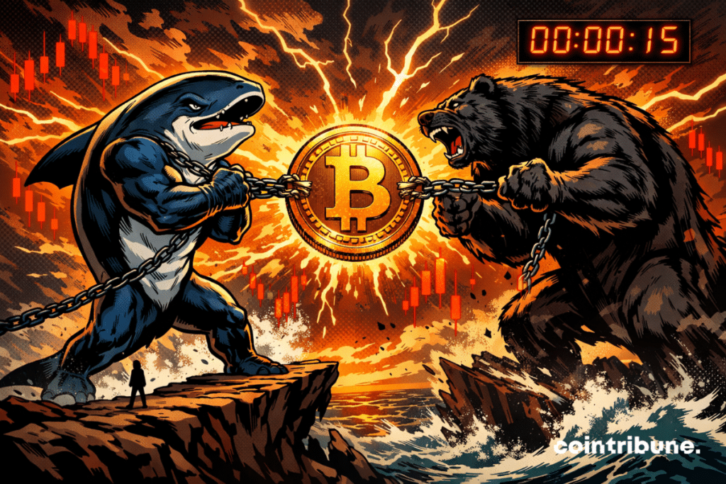 Une baleine et un ours géants s'affrontent pour un Bitcoin lumineux, sur fond d’orage, compte à rebours imminent.