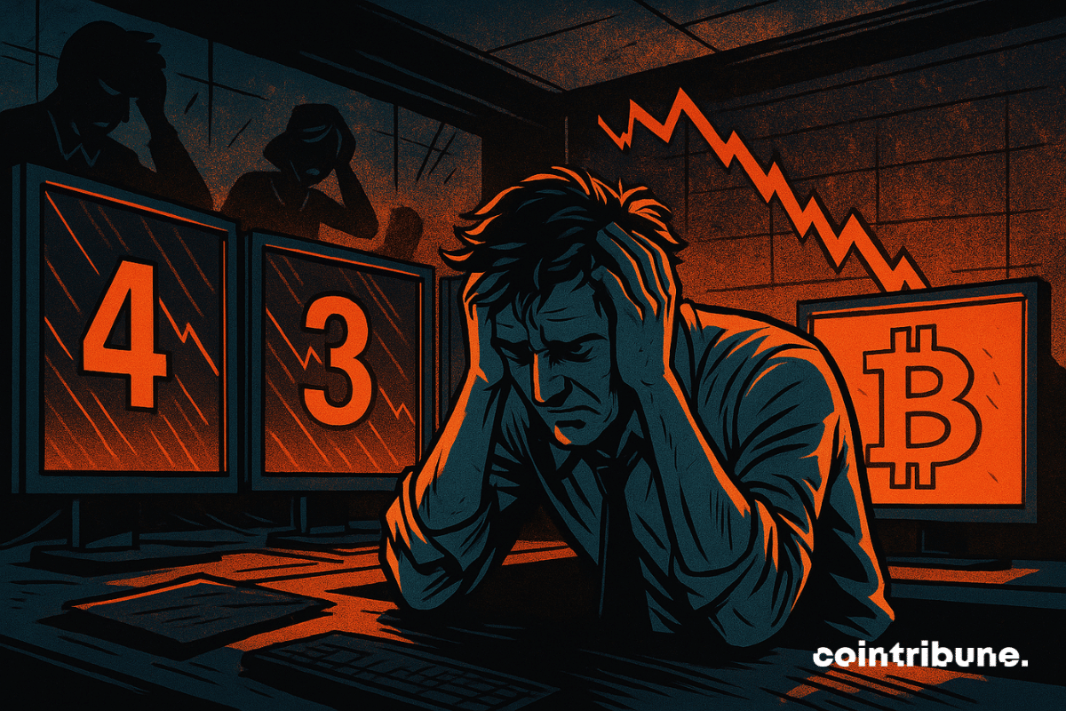 Un trader accablé, tête entre les mains, entouré d’écrans rouges affichant des chiffres et un Bitcoin en chute.