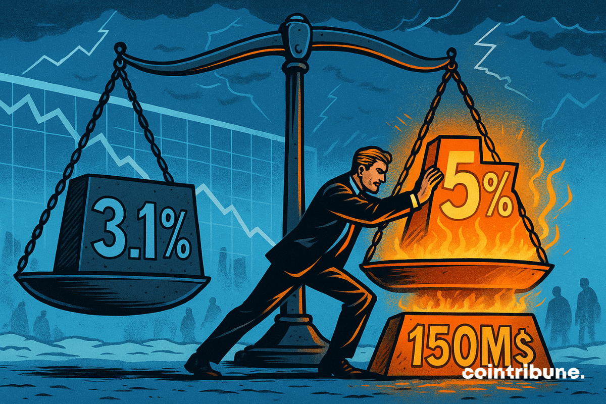 Un homme lutte pour faire basculer une balance en feu marquée "5 %", opposée à un bloc "3.1 %" glacé.