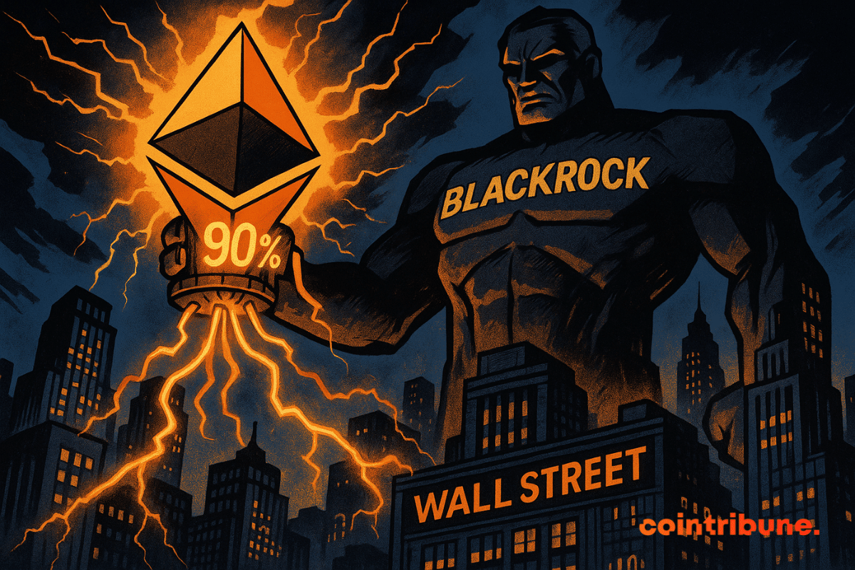 A dark giant, BlackRock, injects the energy of Ethereum into Wall Street, with orange flashes, a nocturnal atmosphere, and palpable tension.