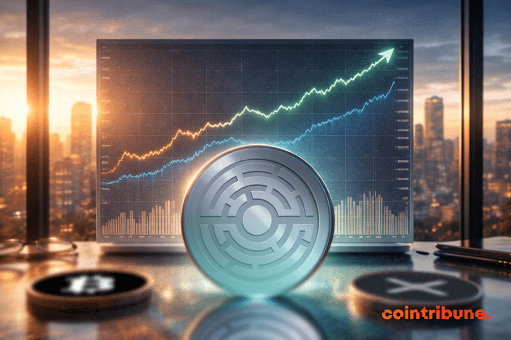 Una moneda de criptomoneda brillante se encuentra sobre un escritorio frente a una pantalla grande que muestra gráficos de mercado en ascenso, con un horizonte de una ciudad visible a través de una ventana al atardecer.