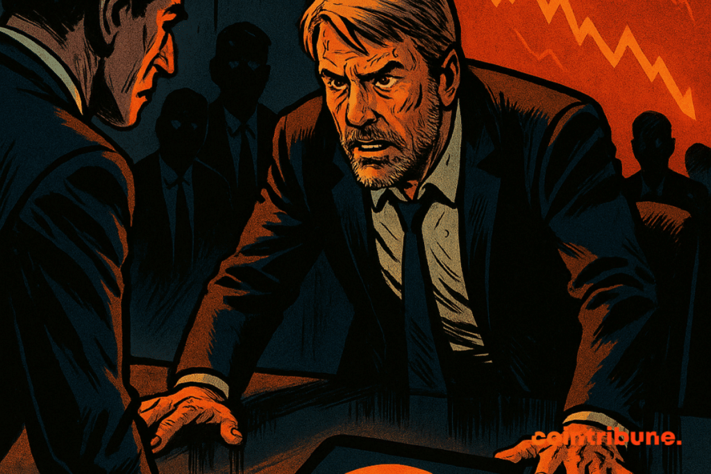 Michael Saylor en pleine négociation tendue, Bitcoin en chute libre, tension maximale autour d’une tablette affichant -18,45 %.