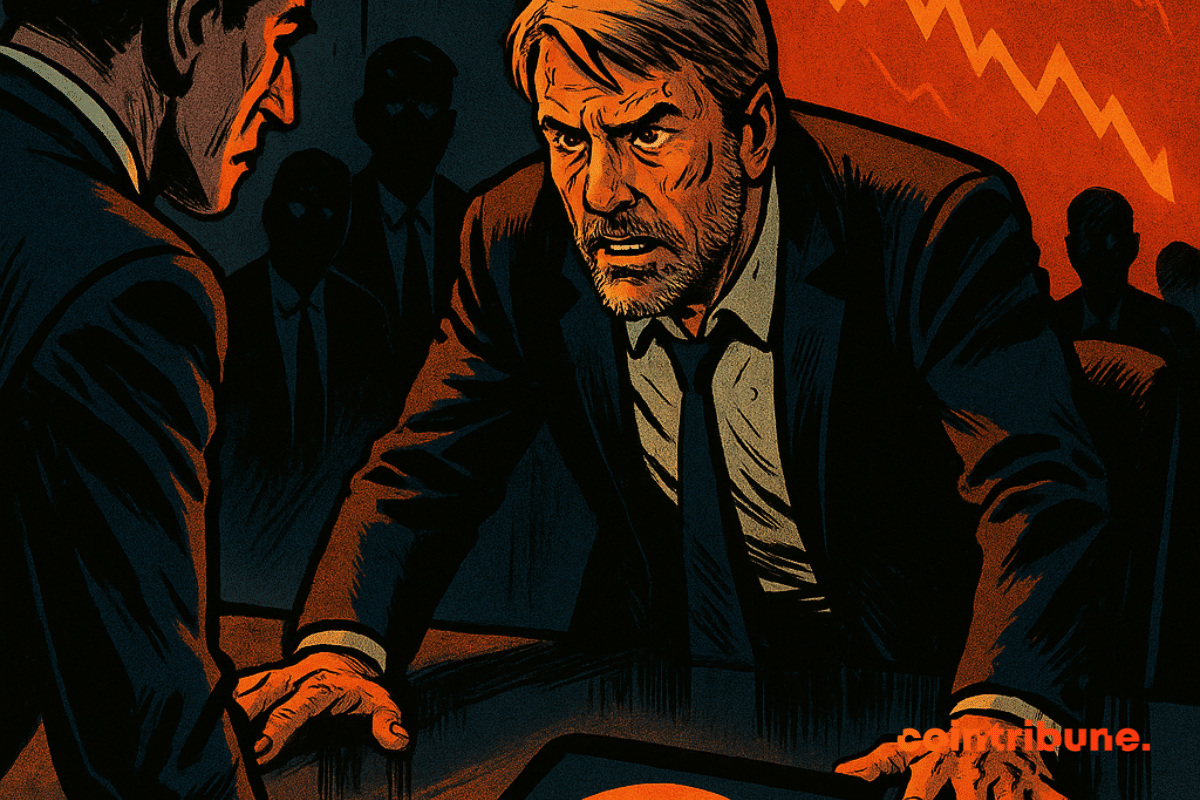 Michael Saylor en pleine négociation tendue, Bitcoin en chute libre, tension maximale autour d’une tablette affichant -18,45 %.