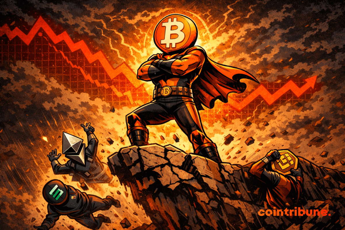 Superhéros Bitcoin lumineux domine rocher brisé, Ethereum et Binance tombent, graphiques rouges chutent sous ciel orageux, chaos.