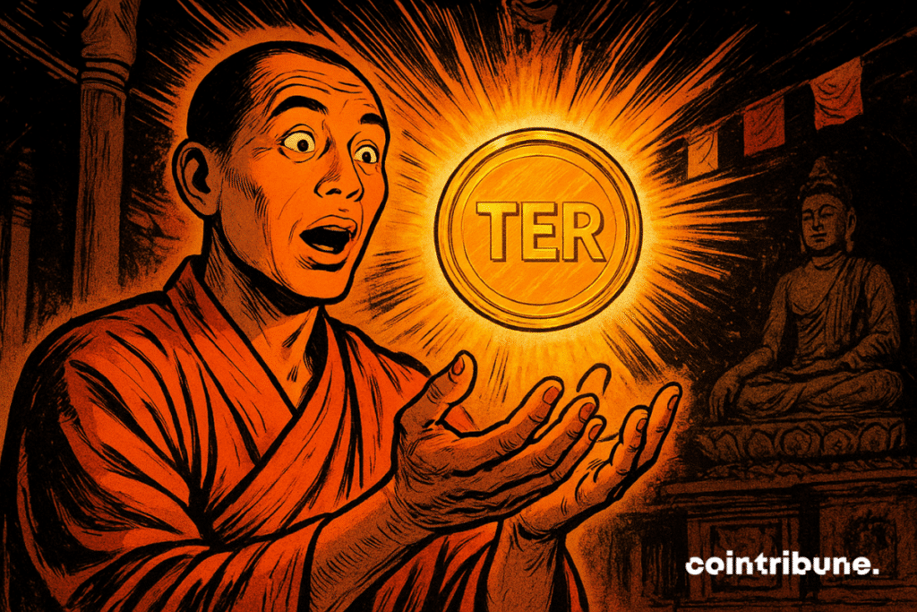 A Bhutanese monk looks in amazement at a glowing golden blockchain token floating before him in a dim temple adorned with prayer flags.