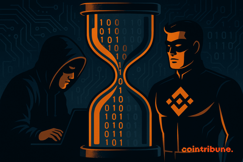 Un hacker encapuchado se enfrenta a un justiciero de Binance, separados por un reloj de arena digital lleno de código binario.