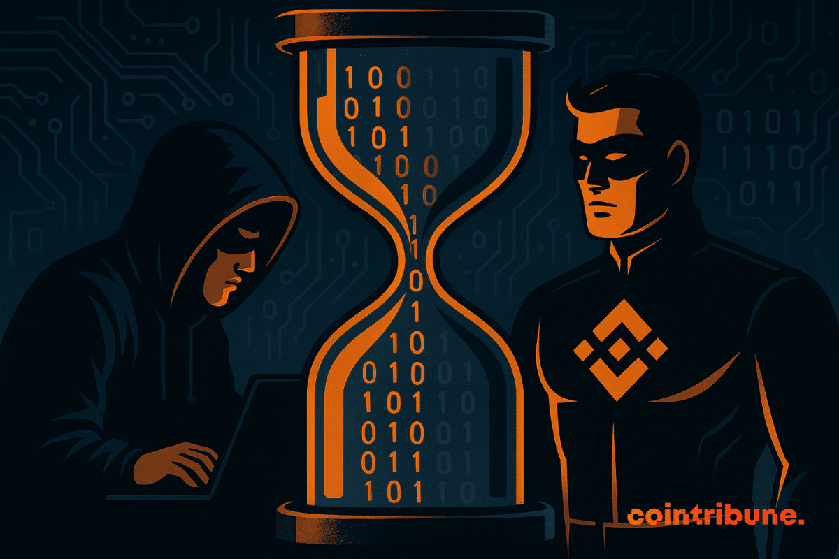 Un hacker encapuchonné affronte un justicier Binance, séparés par un sablier numérique rempli de code binaire.