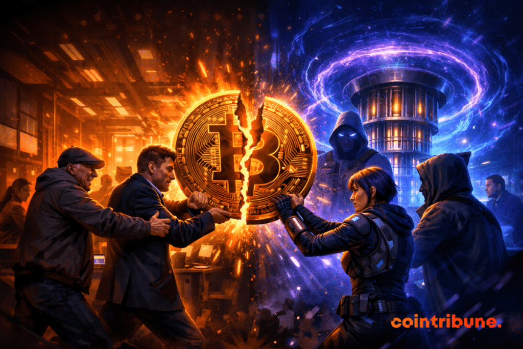 Dramatic illustration of the conflict surrounding BIP-360, where Bitcoin faces the threat of quantum computers.