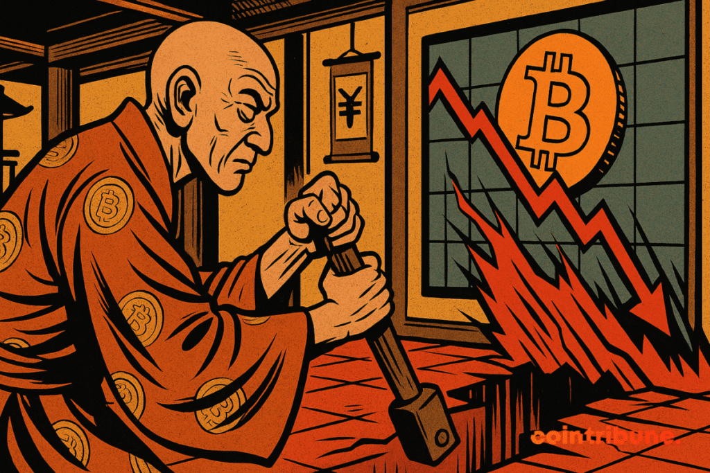 Um monge japonês puxa uma alavanca de madeira. Um gráfico do Bitcoin atrás dele desaba brutalmente.