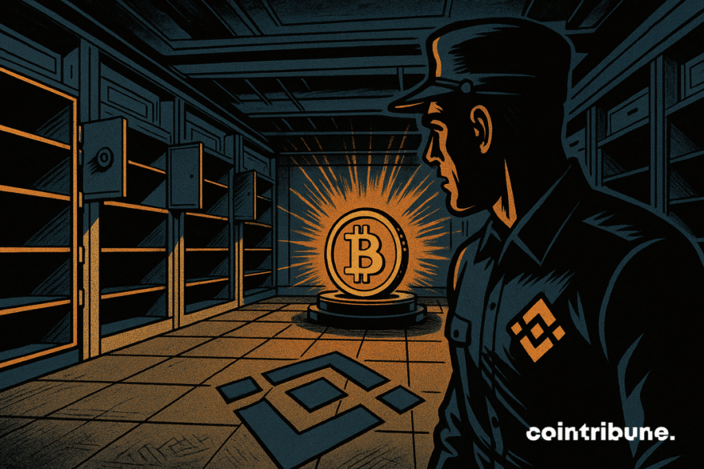 Una única moneda naranja de Bitcoin está colocada en el centro de un pedestal. Un guardia de seguridad de Binance mira a su alrededor, preocupado.