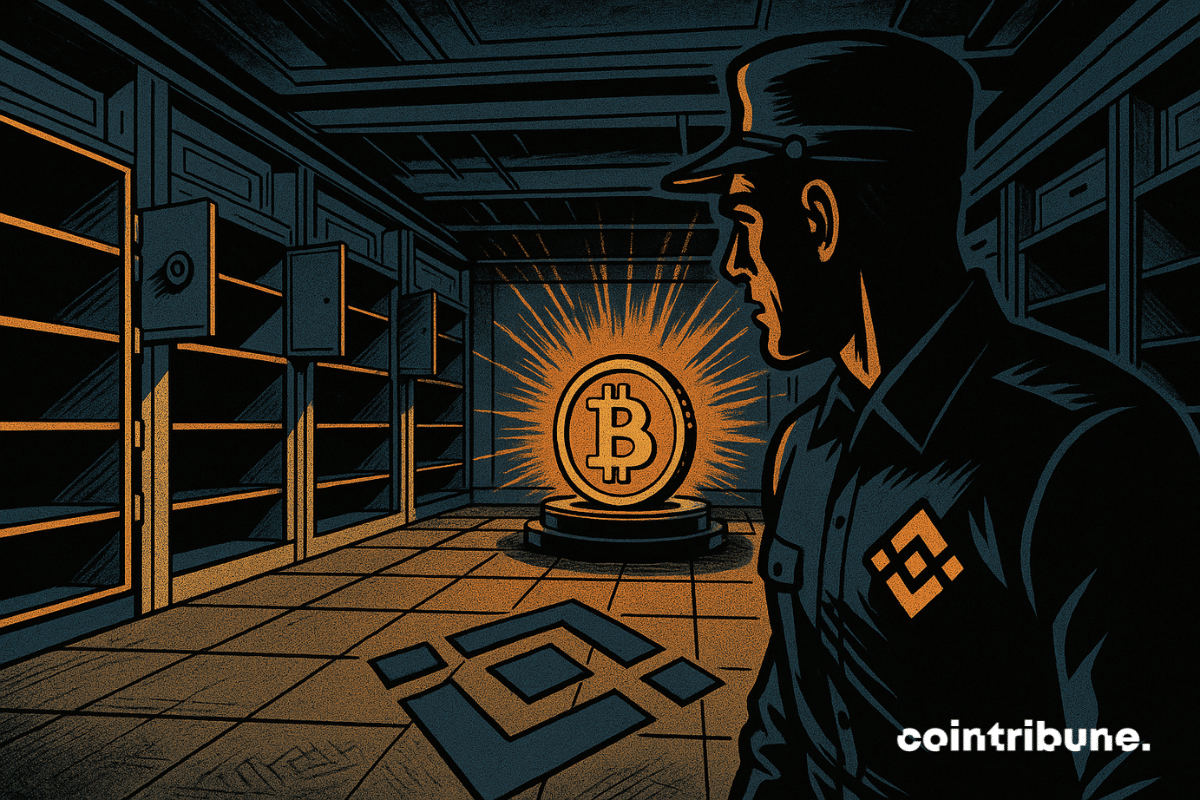 Une seule pièce Bitcoin orange est posée au centre d’un socle. Un agent de sécurité Binance regarde autour, inquiet.