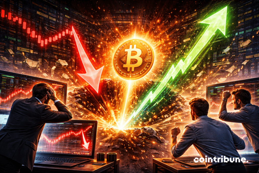 Un graphique de Bitcoin montre une chute vertigineuse jusqu’à 24 000 $, puis une ascension rapide. Des traders montrent avec des expressions de surprise pendant la chute, puis de joie ou de soulagement pendant le rebond, ce qui symbolise la baisse spectaculaire sur Binance.