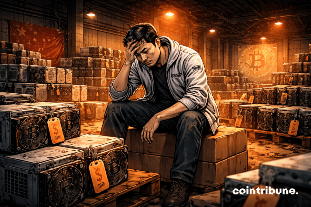 Des machines de mining Bitcoin sont empilées comme des stocks invendus à l’intérieur d’un entrepôt gigantesque. Un employé de Bitmain est assis sur une pile de cartons.